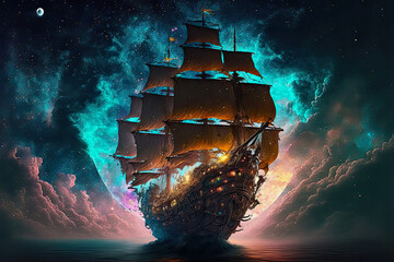 ai generative fantasy illustration of pirate ship in the ocean, in the background colorful galactic sky - obrazy, fototapety, plakaty