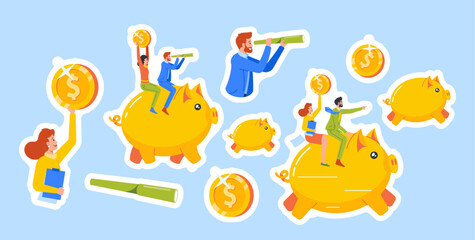 Set of Stickers Family Cash Savings, Budget Planning. People Riding Piggy Bank. Woman with Papers and Man with Spyglass