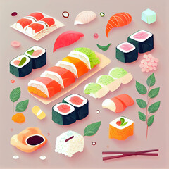 Bright & Cute Sushi Illustration Set - Iconic Japanese Food in Soft Watercolor