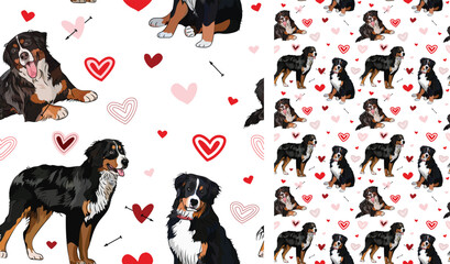 Bernese Mountain dog Valentine's day heart wallpaper. Love doodles hearts with pets holiday texture. square background, repeatable pattern. St Valentine's day wallpaper, valentine present, print tiles