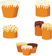 Various types of Easter cakes. Vector set in flat style. Elements for poster, flyer, postcard, cover, advertising design.