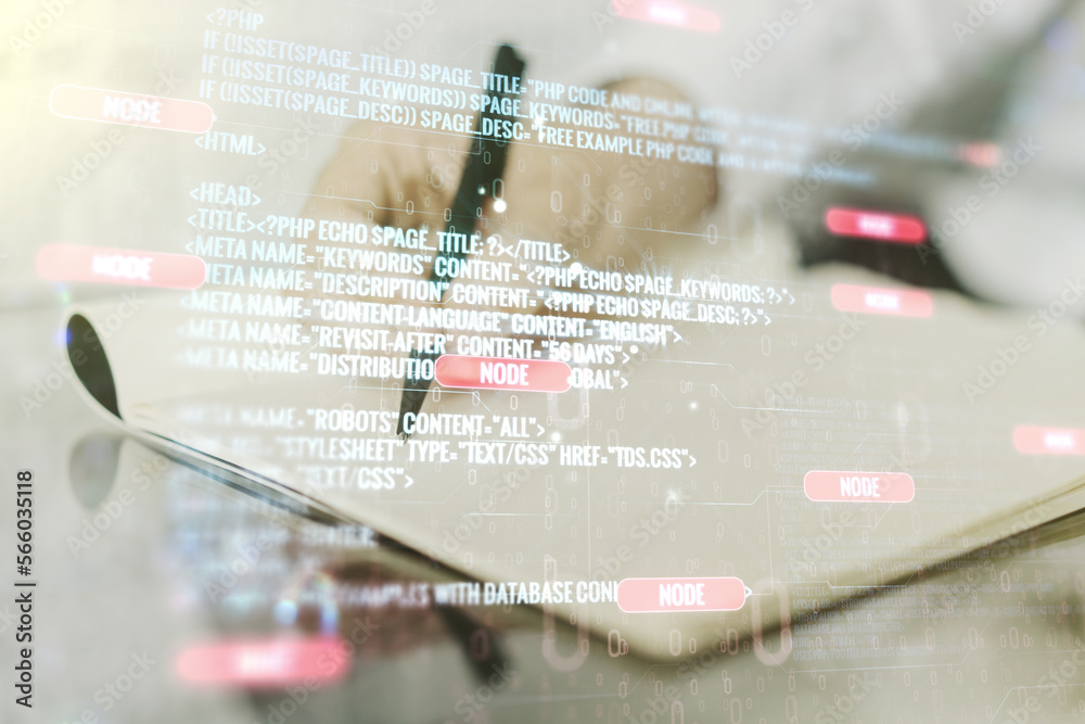 Poster double exposure of abstract creative programming illustration and man hand writing in notepad on bac