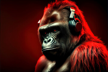 A gorilla with red headphones listening to music. Generative AI 1