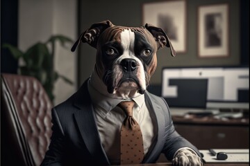Boss dog in the office behind a desk. Business concept, pet, head of the company. Dark background. Generative AI