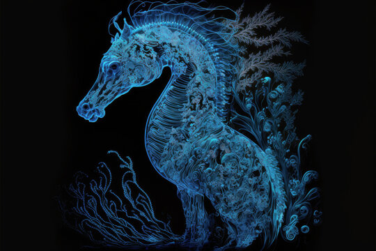 Blue artistic seahorse on black background. illuminated image of a marine animal. Generative AI