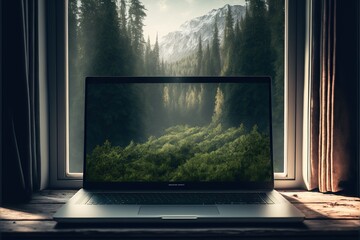Laptop in front of a window with a view of a forest, concept of remote work, Natural Light and Woodland Scene, created with Generative AI technology