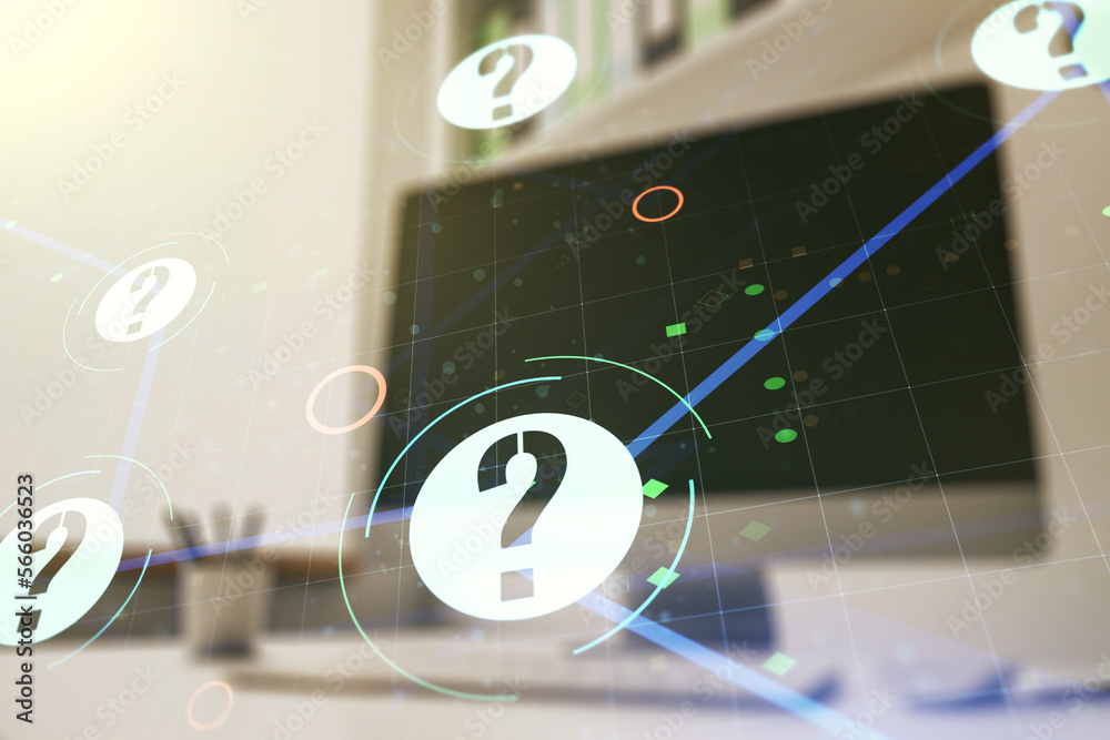 Aufkleber creative abstract question mark sketch and modern desk with computer on background, faq and research