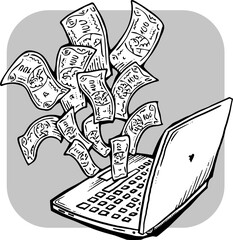 Money cash flying into and out of wallet. Income transfer, currency revenue, inflation and deflation, finance and business theme. Hand drawing illustration. Cartoon style line drawing.