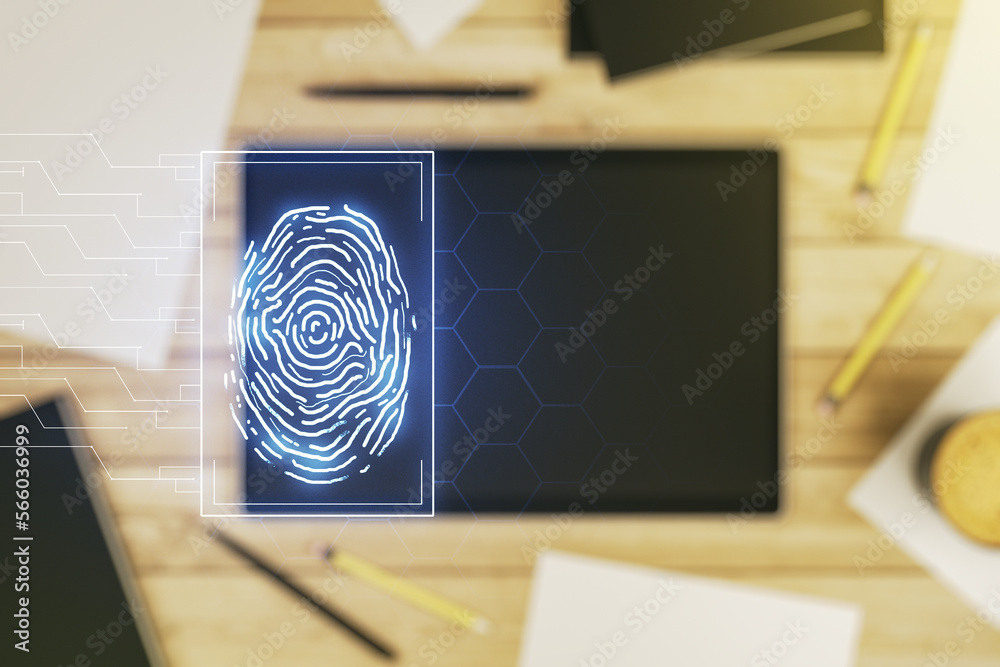 Aufkleber abstract creative fingerprint illustration and modern digital tablet on desktop on background, top v