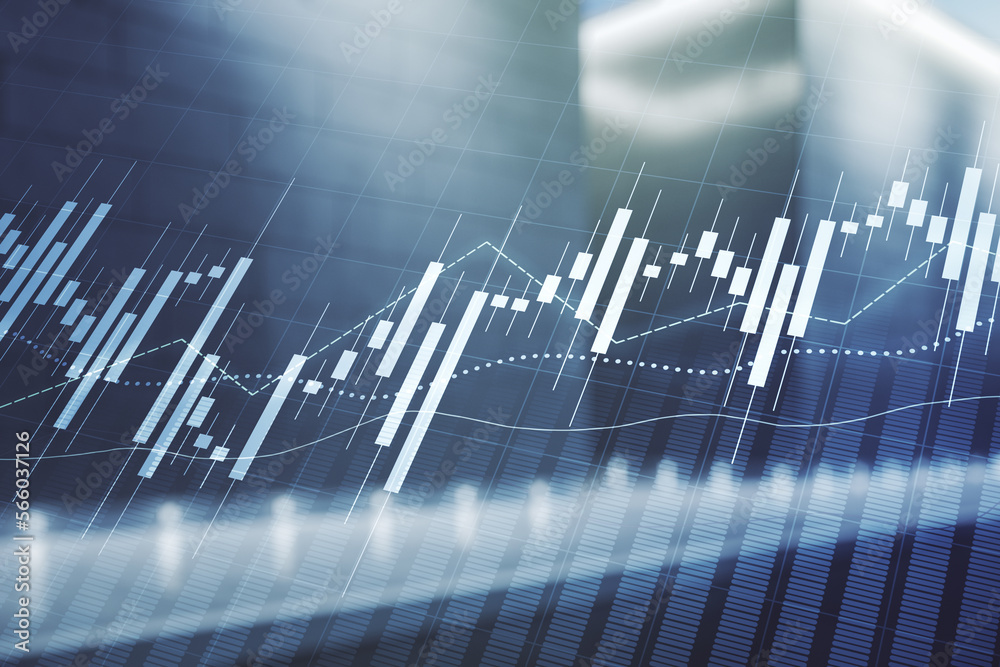 Poster multi exposure of abstract virtual financial graph hologram on blurry modern office building backgro