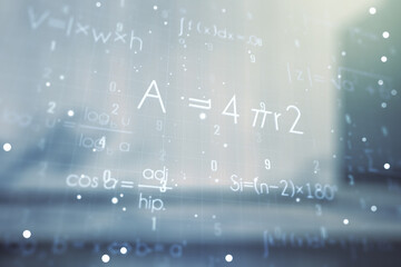 Scientific formula illustration on blurry contemporary office building background, science and research concept. Multiexposure