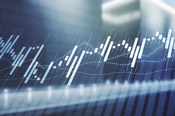 Multi exposure of abstract virtual financial graph hologram on blurry modern office building background, forex and investment concept