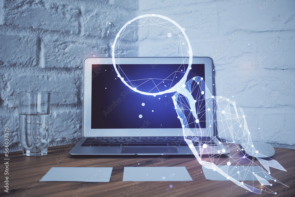 Poster Desktop computer background in office and start up theme hologram drawing. Double exposure. Startup concept.