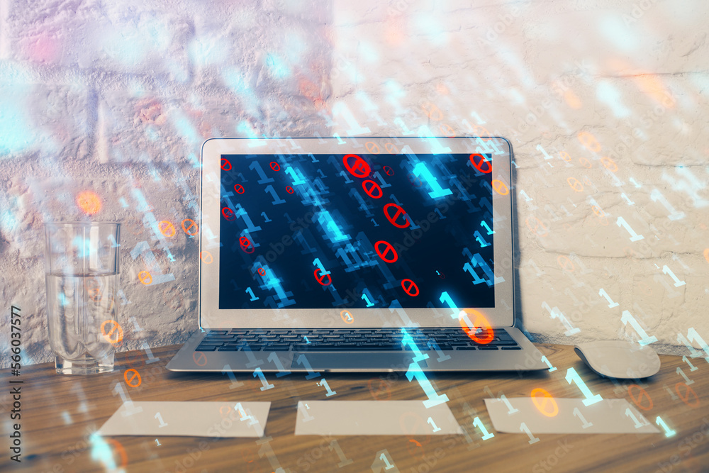Poster Double exposure of desktop with personal computer on background and tech theme drawing. Concept of Bigdata.