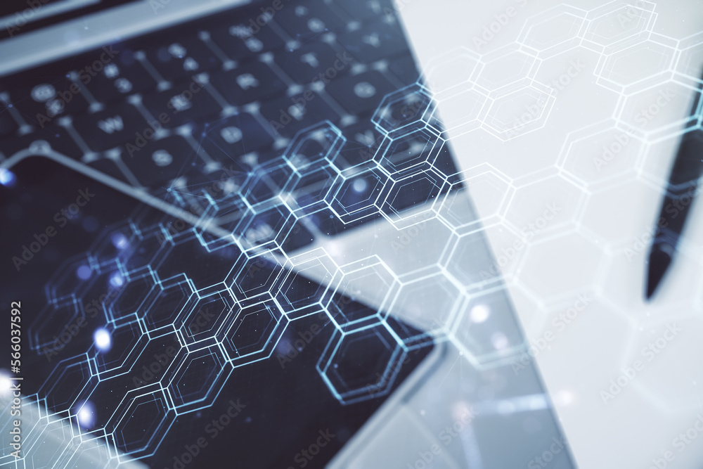 Aufkleber creative concept of wireless technology with hexagon hologram on modern laptop background. big data 