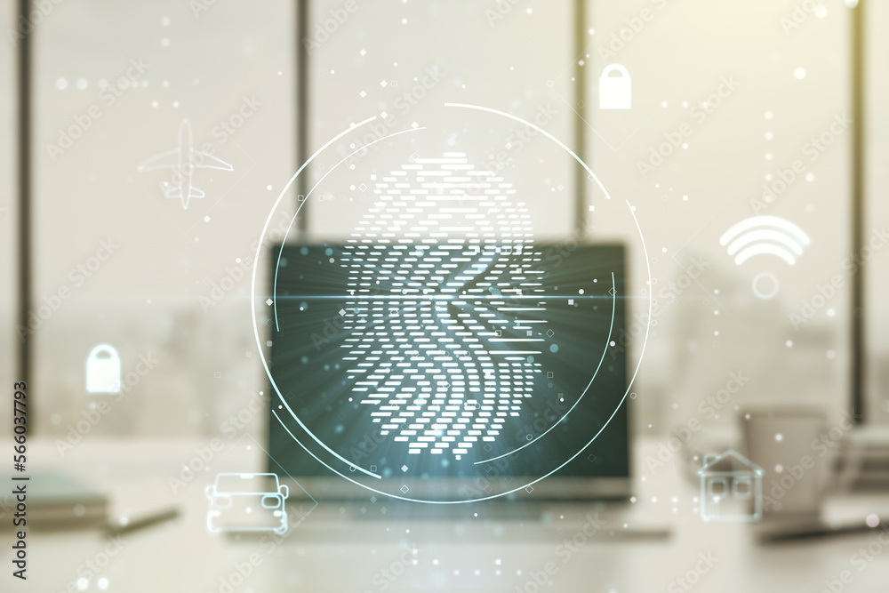 Aufkleber Multi exposure of abstract fingerprint scan interface on computer background, digital access concept