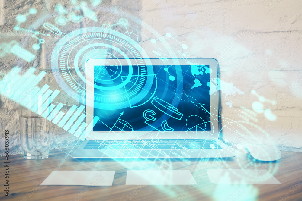 Aufkleber Double exposure of business theme icons and work space with computer background. Concept of success.