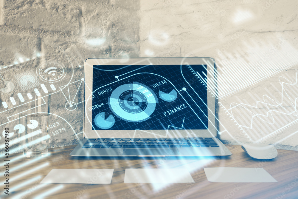 Poster Computer on desktop in office with technology theme hologram. Double exposure. Tech concept.
