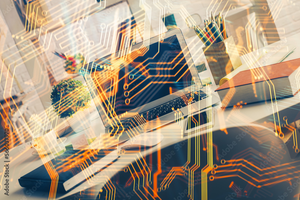 Poster Computer on desktop in office with technology theme hologram. Double exposure. Tech concept.