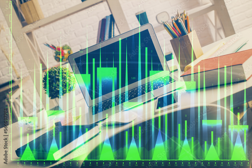 Poster double exposure of forex chart and work space with computer. concept of international online trading