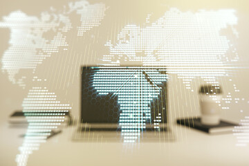 Multi exposure of abstract graphic world map on modern computer background, big data and networking concept concept