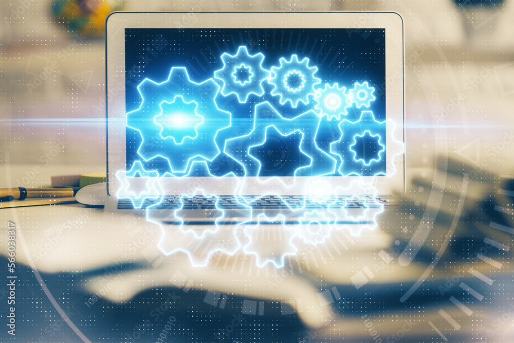 Poster Multi exposure of business theme icons and work space with computer background. Concept of success.