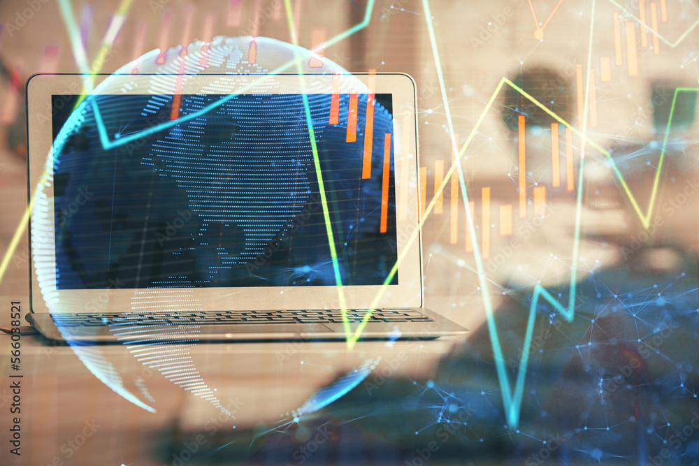 Aufkleber double exposure of chart and financial info and work space with computer background. concept of inte