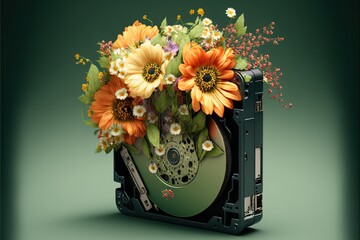 Spinning hard drive with flowers, concept of Organic Computing and Data Cleansing, created with Generative AI technology