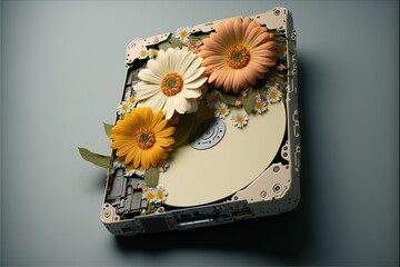 Spinning hard drive with flowers, concept of Organic Computing and Data Cleansing, created with Generative AI technology