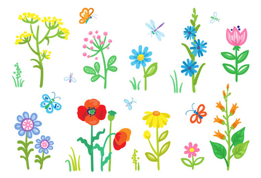 Set of beautiful colorful flowers and butterflies. In cartoon style. Isolated on white background. Vector flat illustration. Children's drawing. 