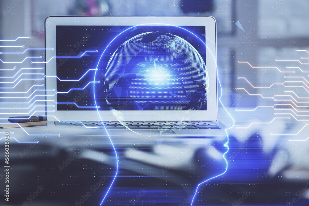 Poster double exposure of work space with computer and human brain drawing hologram. brainstorm concept.