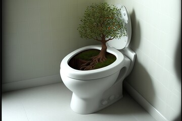 Tree growing out of a toilet, concept of waiting for Plumber, Abandonment and Unexpectedness, created with Generative AI technology - obrazy, fototapety, plakaty
