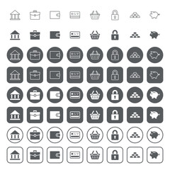 Web user interface icons. icon set contains such icons as bank building, briefcase, wallet, credit card, shopping basket, padlock, ingot, piggy bank.