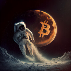 Bitcoin to the moon, bitcoin logo in full moon illustration background