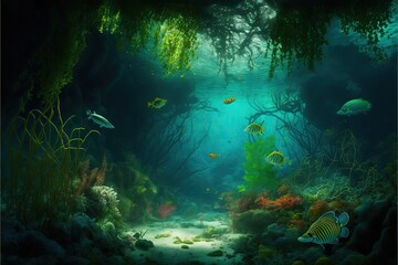 Underwater tropical rainforest, concept of Aquatic Life and Coral Reefs, created with Generative AI technology