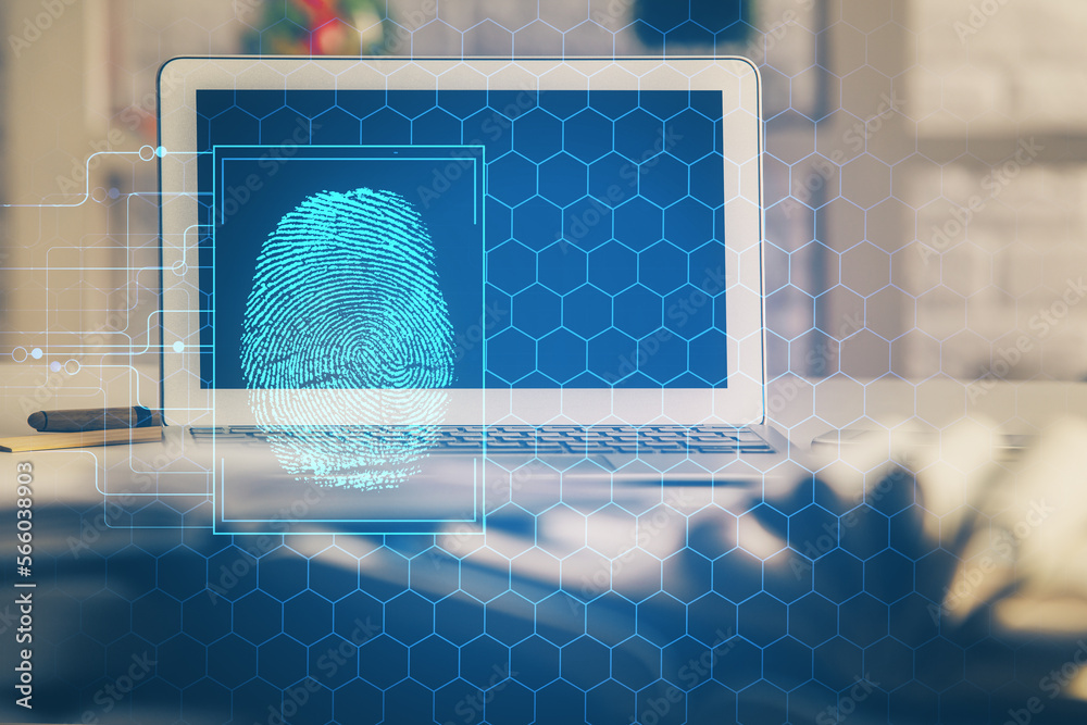 Poster computer on desktop in office with finger print drawing. double exposure. concept of business data s