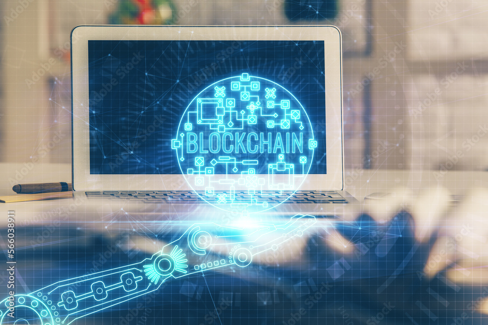 Poster Multi exposure of blockchain and crypto economy theme hologram and table with computer background. Concept of bitcoin cryptocurrency.