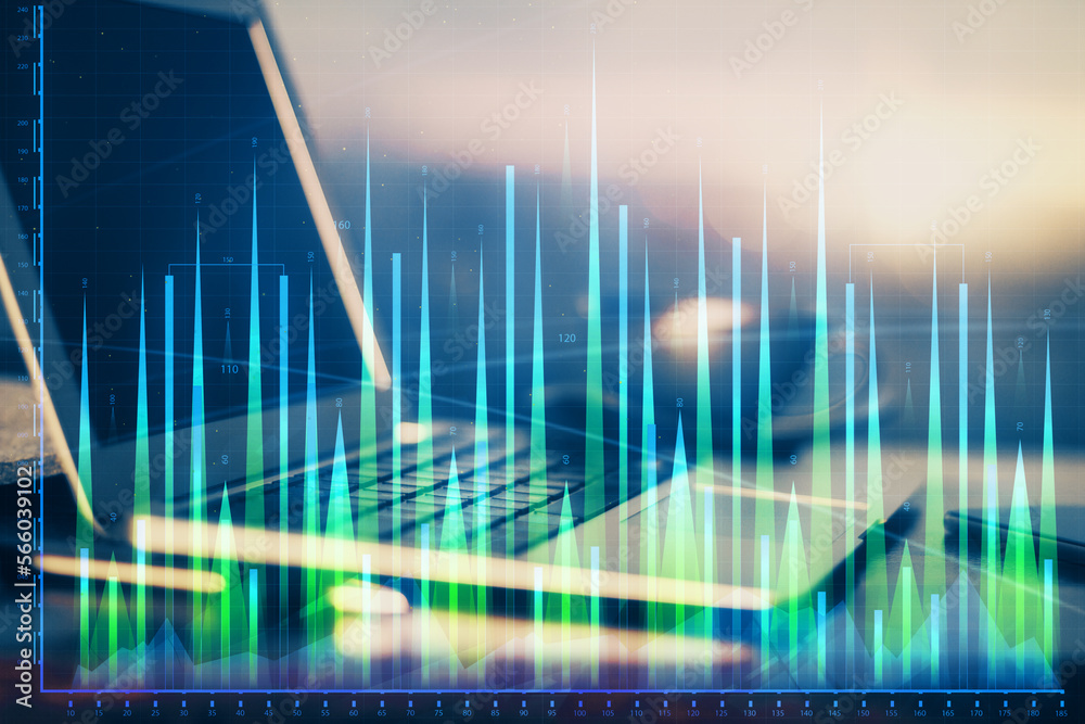 Poster double exposure of forex chart and work space with computer. concept of international online trading