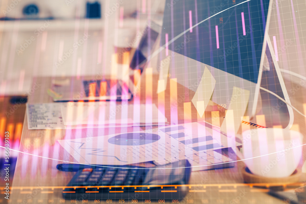 Poster double exposure of forex chart and work space with computer. concept of international online trading
