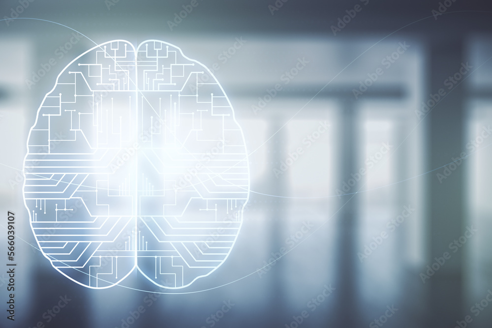Aufkleber virtual creative artificial intelligence hologram with human brain sketch on empty corporate office 