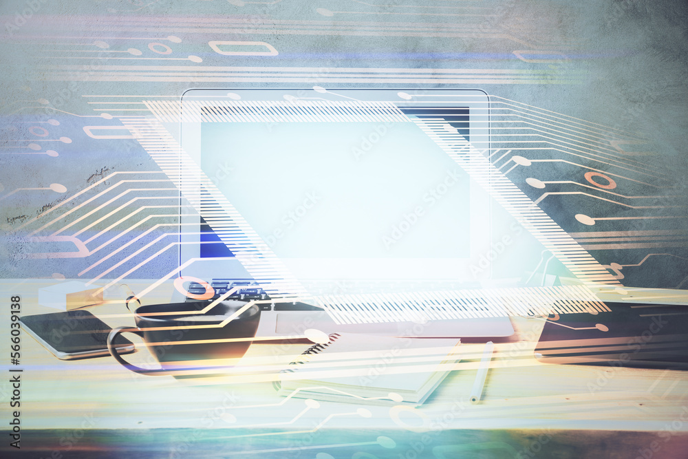 Poster Double exposure of desktop computer and technology theme hologram. Concept of software development.