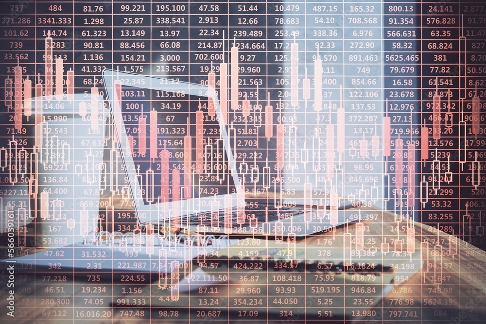 Aufkleber Double exposure of chart and financial info and work space with computer background. Concept of international online trading.