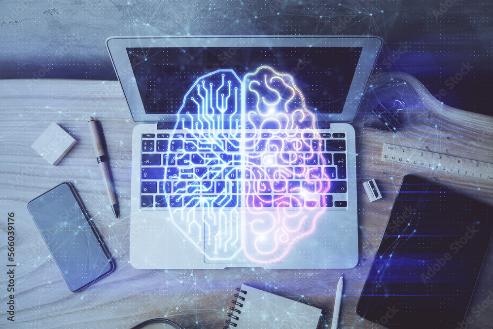Poster Multi exposure of work space with computer and human brain hologram. Brainstorm concept.
