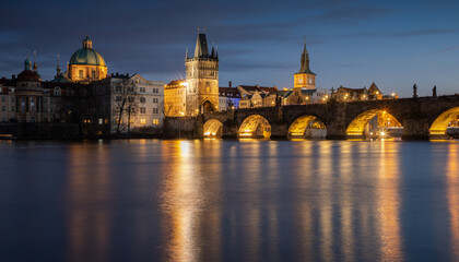 Evening view of the Charles Bridge in the center of Prague