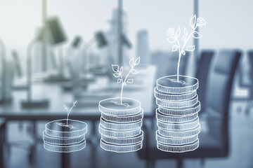 Virtual cash savings illustration on a modern furnished office background. Retirement savings and...