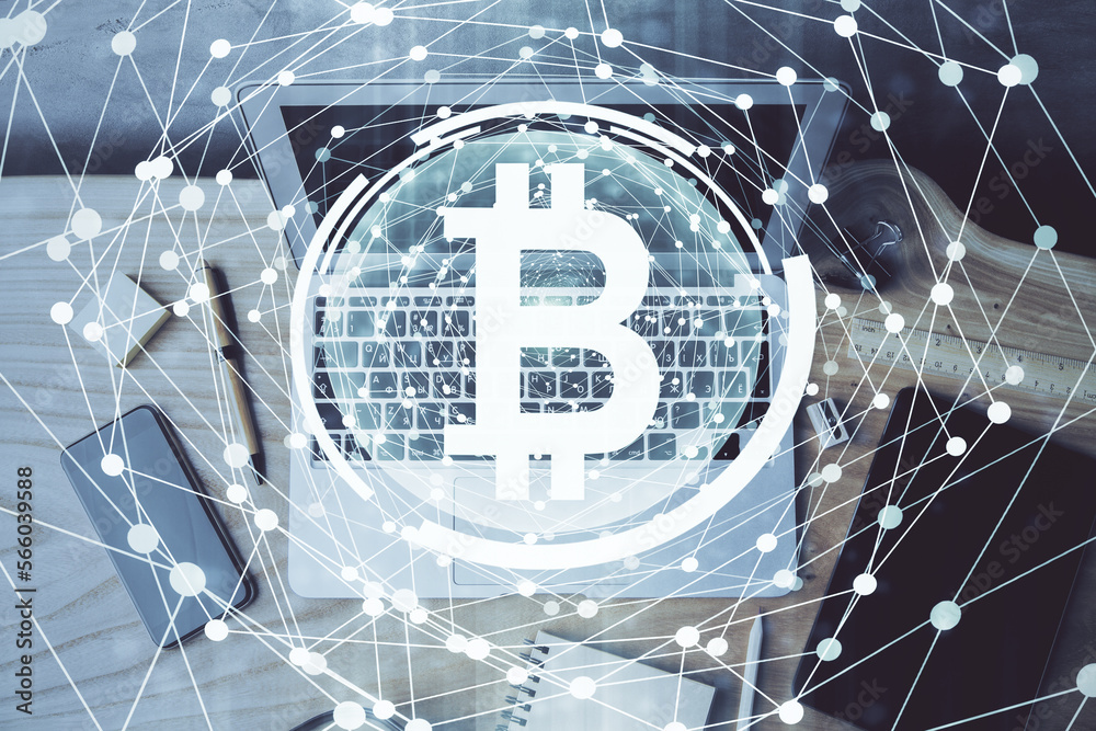 Aufkleber Double exposure of blockchain theme hologram and table with computer background. Concept of bitcoin crypto currency.