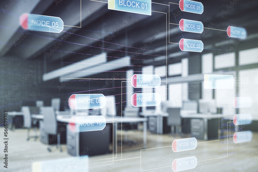 Poster multi exposure of abstract software development hologram on modern corporate office background, rese