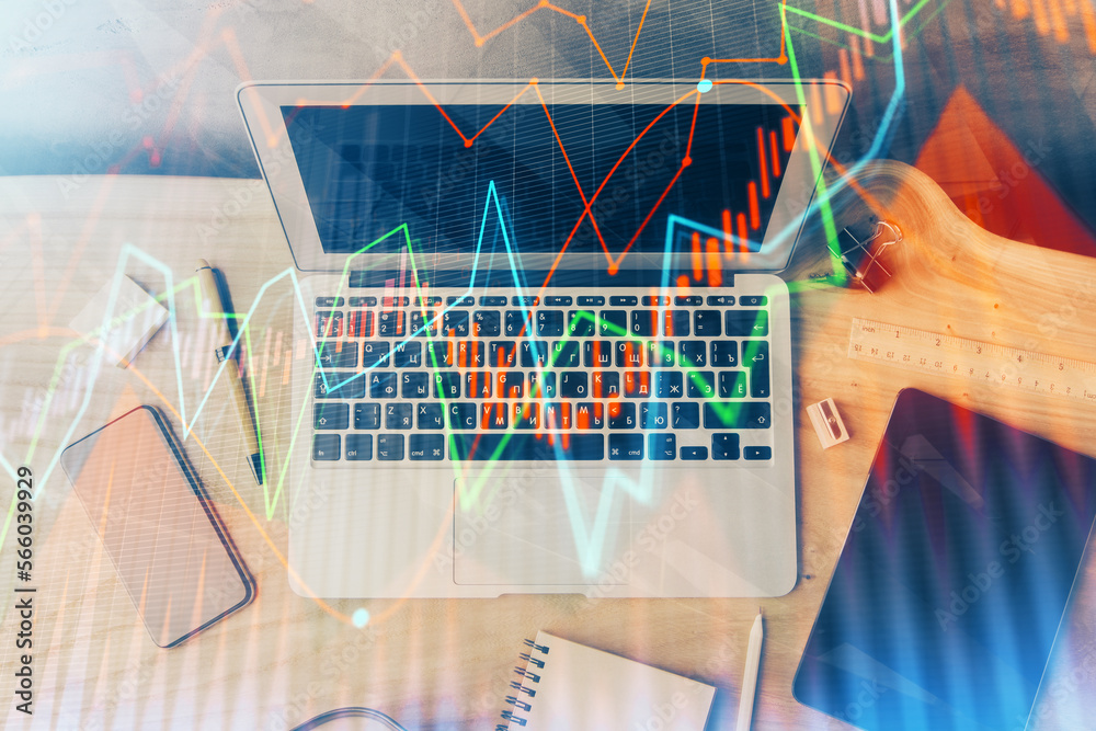 Poster double exposure of forex chart and work space with computer. concept of international online trading