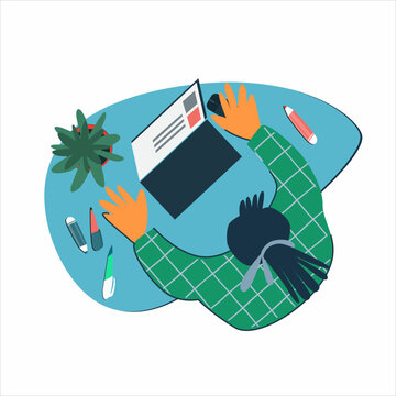 Remote work, social networking, cv, exam preparation, homework. Man with cv or laptop, working. Vector illustration, flat style view from above