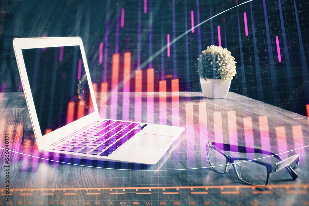 Poster double exposure of forex chart and work space with computer. concept of international online trading